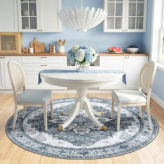 RELEANY Area Rugs Round 6ft Washable Non-Slip, Floral Vintage Distress Medallion Carpet for Living Room Bedroom Dining Room, Light Gray Grey White