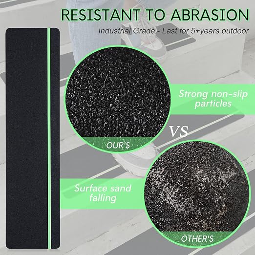 S&X Outdoor Stair Treads Non-Slip 5-Pack, 6" x 24" with Glow-in-the-Dark Stripe Heavy Duty Anti Slip Tape for All Slippery Surfaces - Weather Resistant Grip Tape for Stairs, Steps
