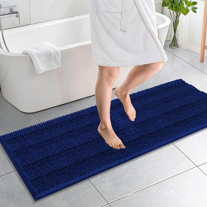 OLANLY Thick Bathroom Runner Rugs 59x20, Absorbent Chenille Striped Bath Rugs, Rubber Backing, Machine Wash Dry, Extra Long Bath Mats for Bathroom Floor, Tub and Shower, Home Decor Accessories, Navy