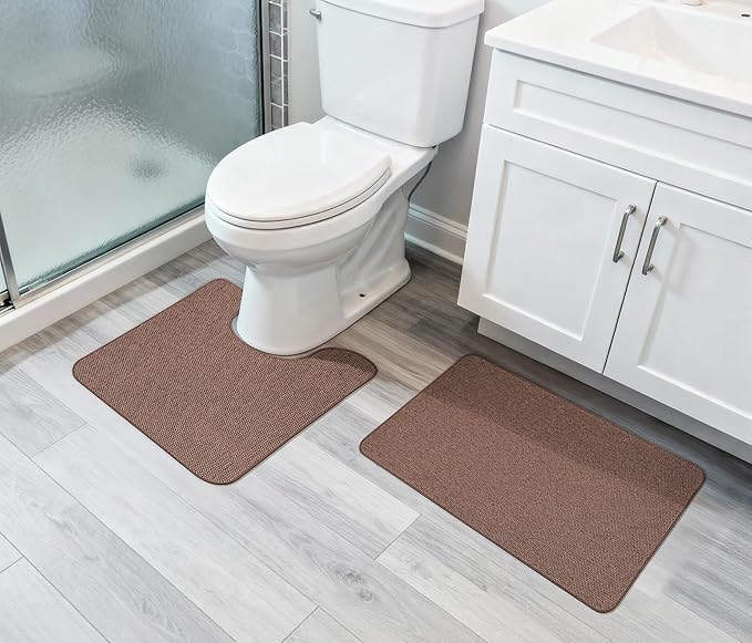 Bosap Bathroom Rugs Set 2 Pieces,Thin Bathroom Mats,Toilet Rugs,Quick Dry,Non-Slip,Machine Washable,Low Pile,Absorbent Bath Mats,Shower,Sink,Home Decor Accessories.Brown,1'5"x2'3"+1'8"x2" U Shape