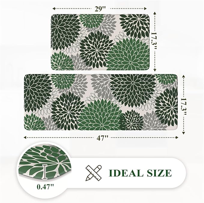 Anti Fatigue Kitchen Mat 2PCS,Boho Dahlia Floral Kitchen Rugs Non Slip Rubber Backing,Waterproof Farmhouse Kitchen Mat for Floor,Cushioned Standing Mat Christmas Decor for Laundry,Sink,Desk,Green