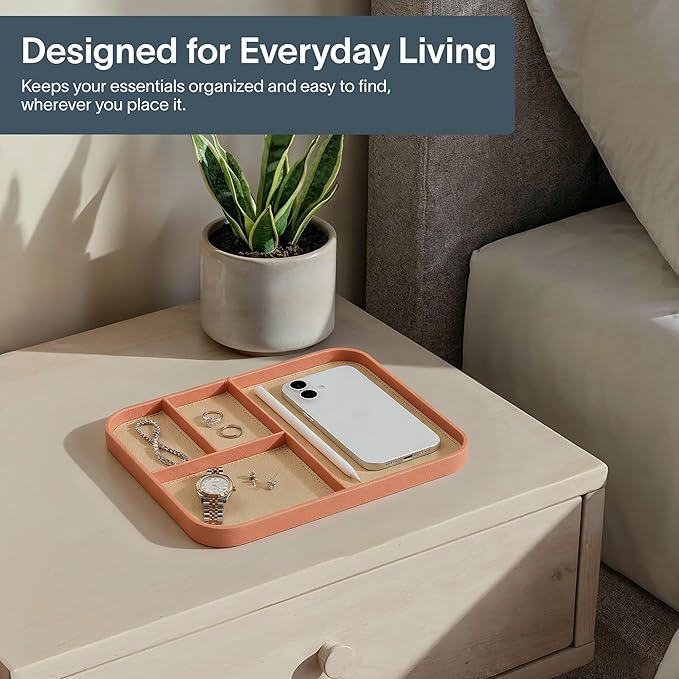 Nordik Leather Valet Tray - Coral Blush Pink - 9.5 x 7.9 Inch Medium Vegan Leather Tray - Stylish Nightstand Organizer for Men - Modern Bedside Caddy - EDC Catchall for Key Watch Wallet Jewellery