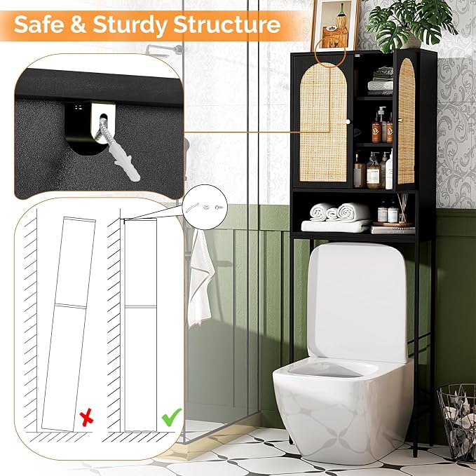 VINGLI Over The Toilet Storage Cabinet, Black Rattan Bathroom Organizer Over Toilet with Adjustable Shelf, Freestanding Space Saver Stand with Soft-Close Doors for Restroom Laundry, Boho Modern