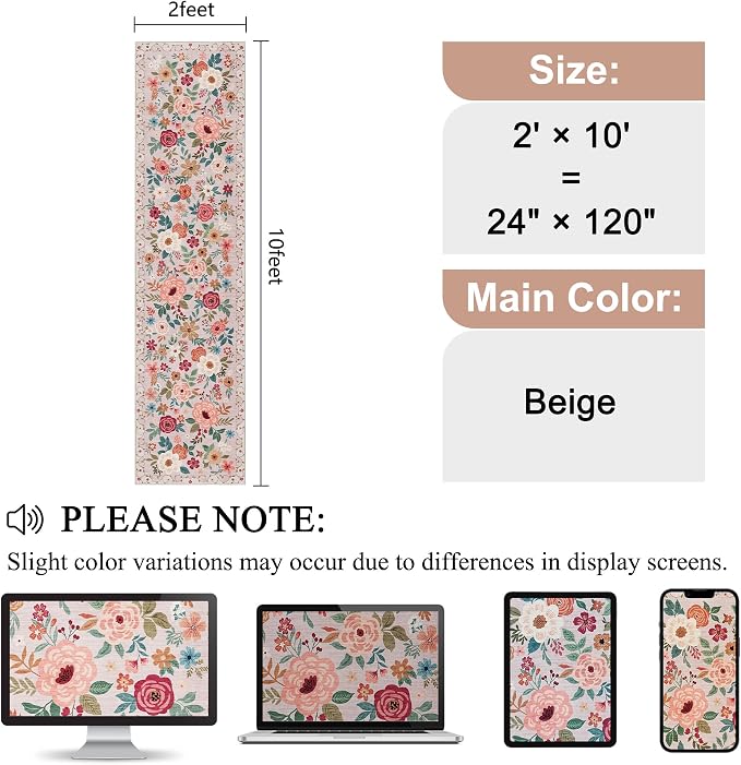 DUKINO 2x10 Runner Rug for Hallway, Washable Kitchen Runner Rug with Non Slip Backing, Low Pile Soft Boho Floral Carpet Carpet for Kitchen, Hallway, Entryway, Laundry, Bedroom, Beige