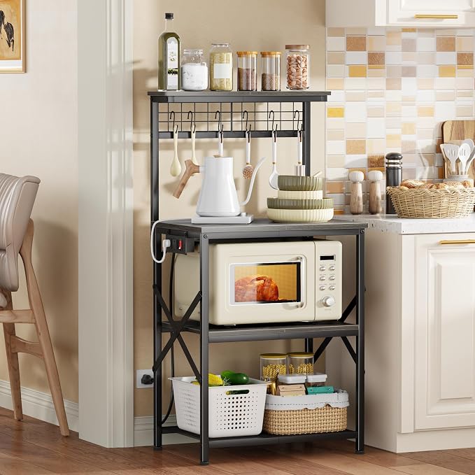 Furologee Kitchen Bakers Rack with Power Outlet, Coffee Bar Station with Storage 4 Tiers, Microwave Oven Stand with 6 S Hooks, Kitchen Storage Shelves Rack for Spices, Pots, Black Oak