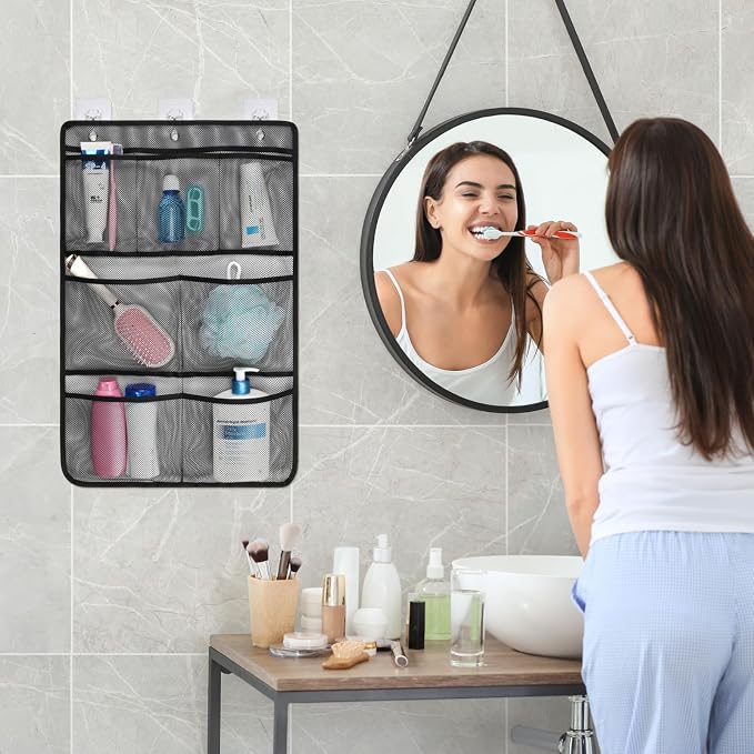 F-color Cruise Essentials 2026 - Mesh Shower Organizer Hanging with 7 Pockets for RV Gym Camping, Quick-Dry Portable Toiletry Bag with Metal Hooks for Bathroom Travel Toiletries, Black+Black