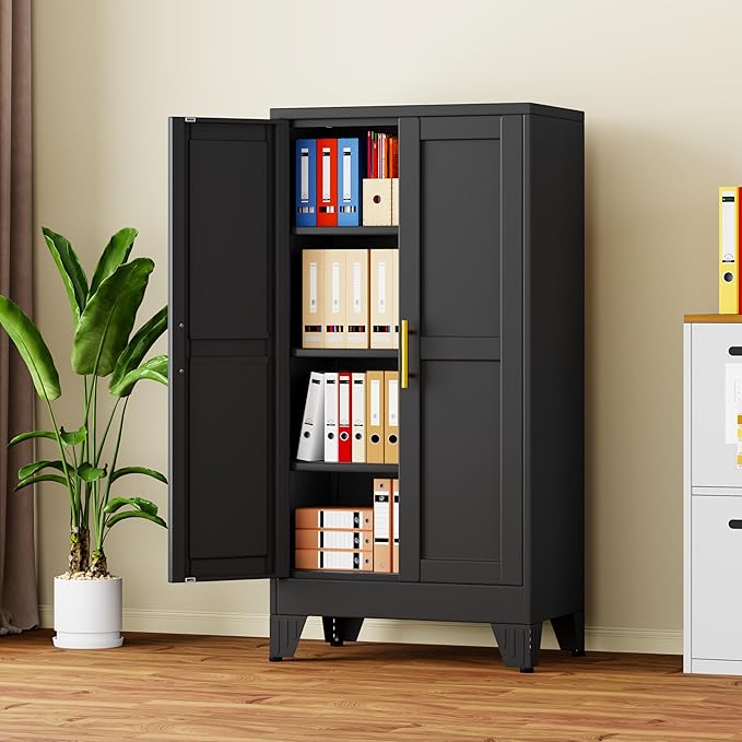 47" Black Metal Garage Storage Cabinet with 2 Doors and 3 Adjustable Shelves,Kitchen Pantry Cabinet,File Cabinet,Steel Tool Cabinet for Home,Office,Garage,School,Warehouse