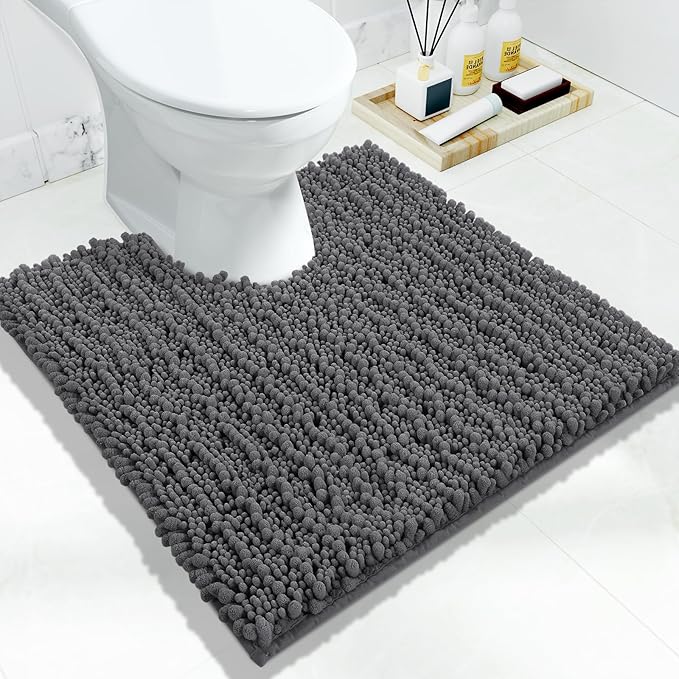 Yimobra Toilet Rug U Shaped Washable 24x24 Inch - Ultra Soft Absorbent Chenille Bath Rugs for Toilet, Quick Dry & Machine Washable, Non Slip Contour Bathroom Mat, Dark Gray