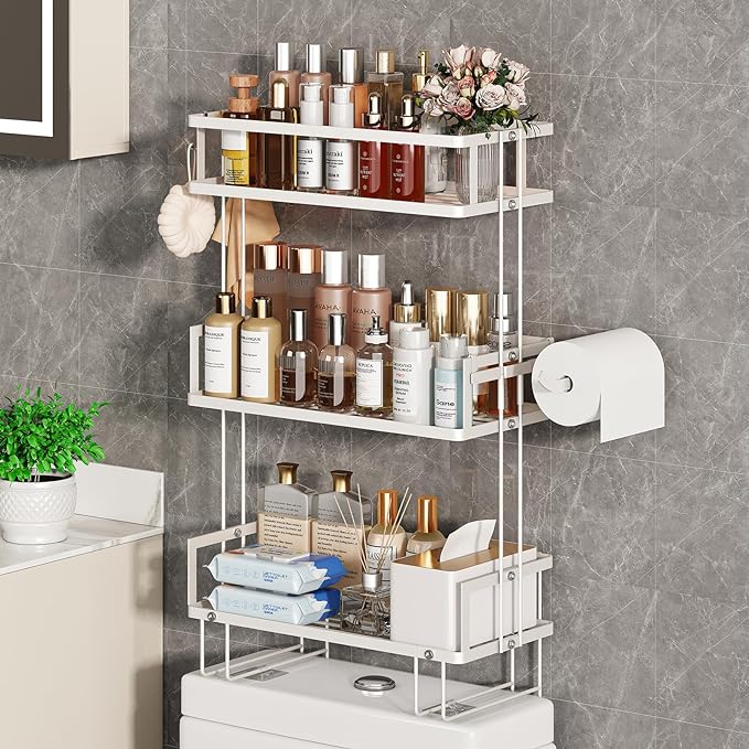 Godboat Bathroom Organizers and Storage, 3-Tier Over The Toilet Storage, Wall Shelf with Paper Holder and 2 Hooks, No Drilling Cool Decor and Home Decor, Gifts for Women, Mom, Mothers Day (White)