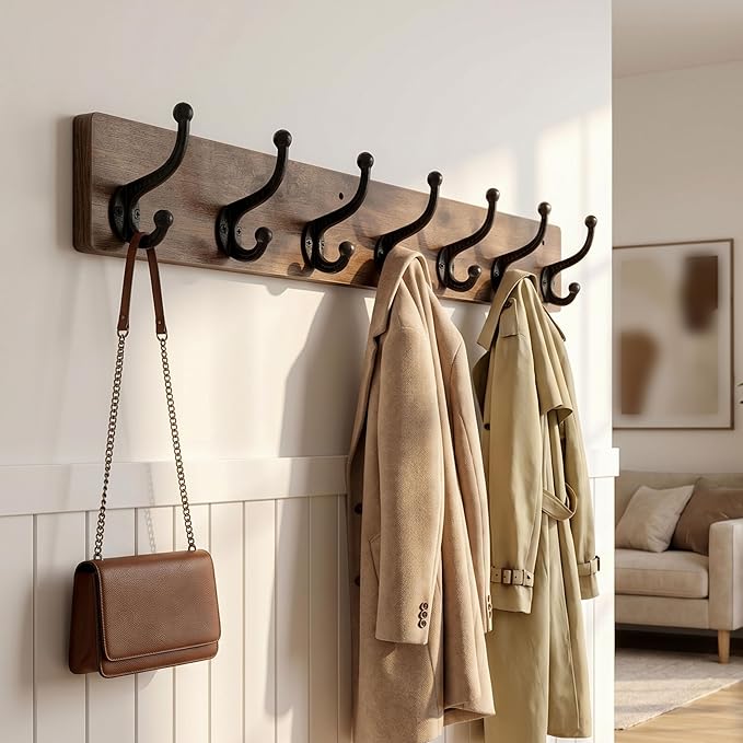 WEBI Rustic Coat Rack Wall Mount,30" Long 7 Cast Iron Coat Hooks Wall Mounted,Heavy Duty Wood Wall Coat Hanger Hooks for Hanging Coats,Jacket,Clothes,Backpack,Farmhouse,Rustic Brown
