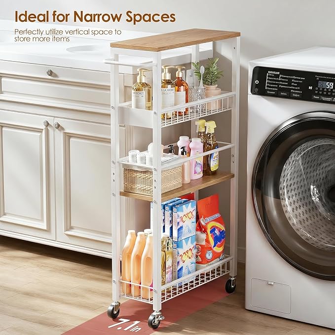 Slim Storage Rolling Cart, 4 Tier Narrow Cart with Wheels, Metal Kitchen Rolling Cart for Small Spaces, Slide Out Storage Shelves for Kitchen, Laundry Room, Bathroom, Living Room, 7.1in(W)
