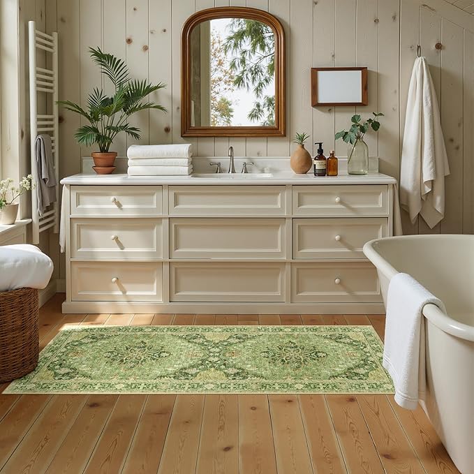 RELEANY Area Rugs Runner 2'x6' Washable Non-Slip, Floral Vintage Distress Medallion Carpet for Kitchen Hallway Bedroom Beside Laundry Room Bathroom, Sage Green Yellow