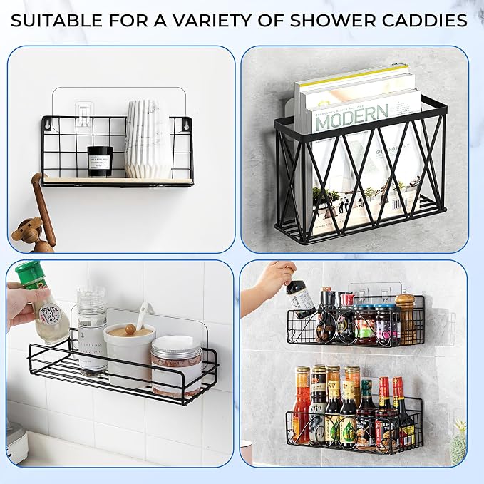 Shower Caddy Adhesive Replacement Hooks, Heavy Duty Waterproof Strips, No Drilling for Bathroom Shelves, Kitchen Racks, and Soap Holders (Transparent-8Pack 2Hook)