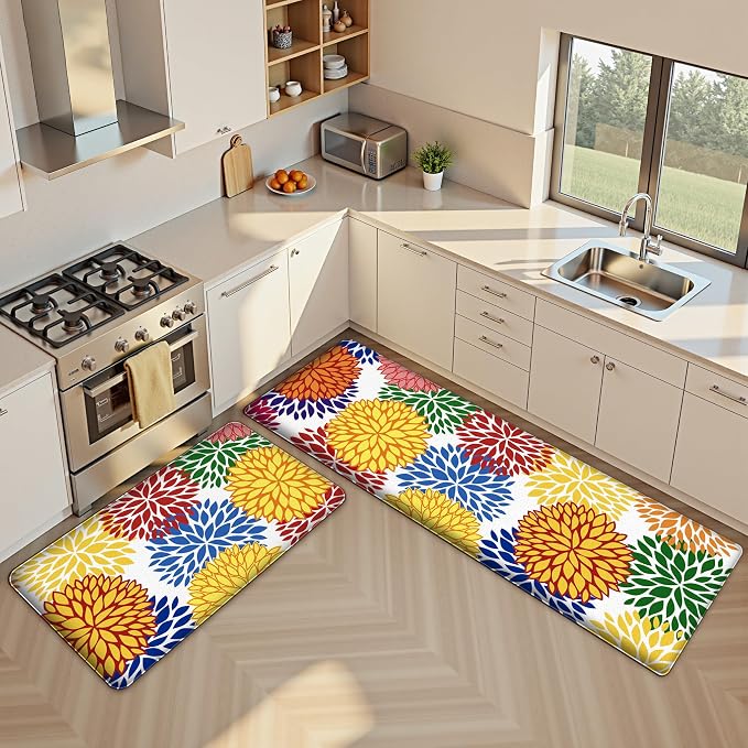Kitchen Mats Set of 2 Cushioned Anti Fatigue Kitchen Rugs Non Slip Waterproof Kitchen Runner Memory Foam Floor Mat Comfort Standing Mat for Sink,Office,Laundry, Multi Color