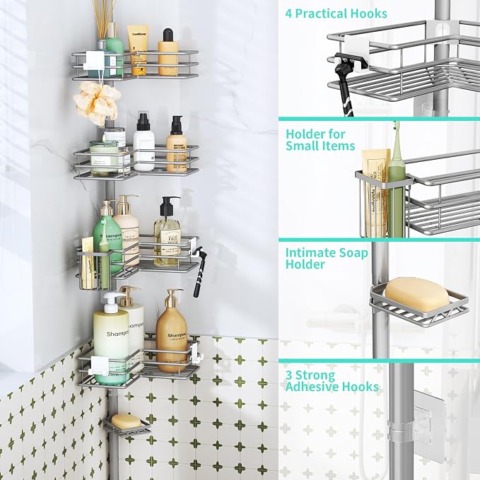 HapiRm Corner Shower Caddy Organizer - Shower Organizer Corner with Soap Holder, Toothbrush Holder and 4 Hooks, Rustproof Bathroom Shelf Tension Pole Available for 27.6 to 108.3 Inch - Silver