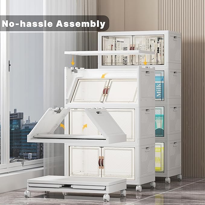 UAMFURI Stackable Storage Bins with Lids, 416QT Closet Organizers and Storage with Doors and Wheels, Extra Large Storage Cabinet, Collapsible Plastic Drawers for Bedroom Dorm Office Garage