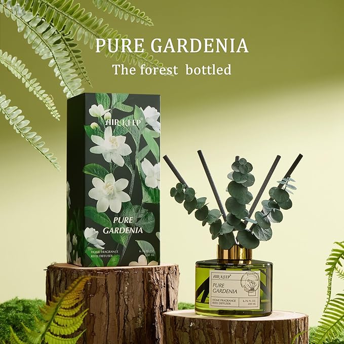 Airkeep Reed Diffuser Set with 6.76 fl oz Pure Gardenia Scent Essential Oils and 3 Leaves & 8 Diffuser Sticks,Bathroom Shelf Decor & Air Freshener, House Bedroom Office Decor & Gifts