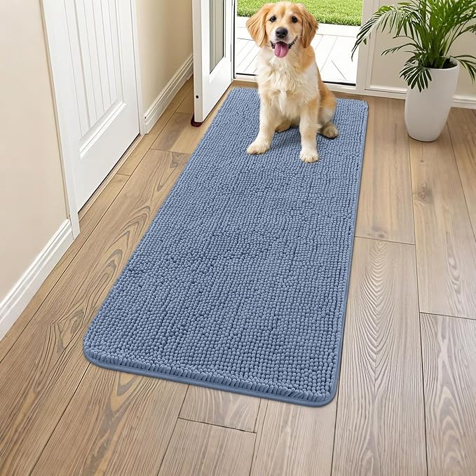 Smiry Dog Door Mat for Muddy Paws 47x24, Absorbent Dirt Trapper, Non-Slip Washable Chenille Entryway Rug for Inside Floor, Airy Blue, Classic Solid