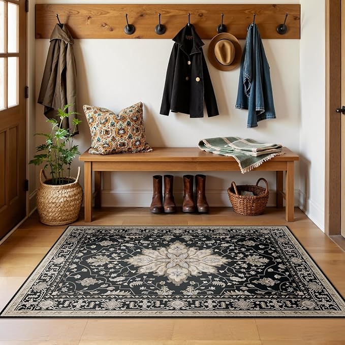 RELEANY Area Rugs 3'x5' Washable Non-Slip, Floral Vintage Distress Medallion Carpet for Living Room Bedroom Dining Room, Black Brown Neutral Dark Tan