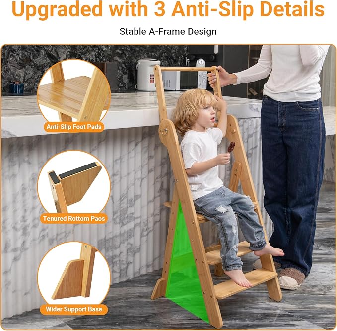 COSYLAND Foldable Toddler Standing Tower - Adjustable Height Folding Step Stool Kids Toddler Kitchen Stool for Learning and Cooking - Ages 18 Months to 6 Years with Safety Net Natural