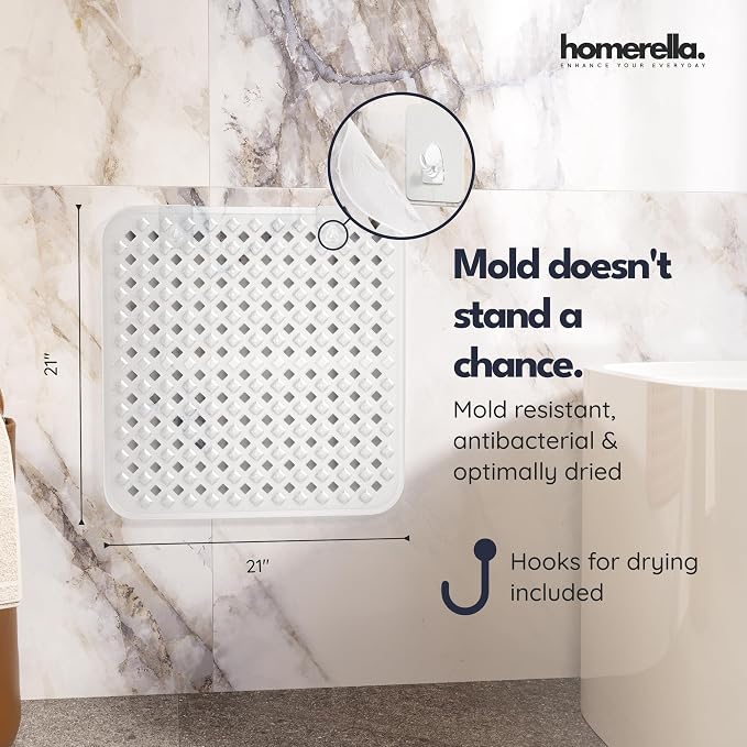 homerella® Shower Mat Non Slip Anti Mold, Non Slip Shower Mats for Inside Shower Stall Anti Slip Mat, Square Shower Floor Mat 21 x 21 in with Suction Cups & Hooks for Quick Drying, Machine Washable