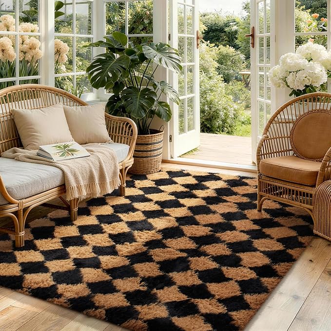 Ophanie Black & Beige Diamond Checkered Rugs for Living Room Bedroom, Rhombus Fluffy Soft Cute Fuzzy Area Rug, Plush Shaggy Bedside Floor 4x6 Furry Carpet for Kids Baby Teen Dorm Home Decor Aesthetic