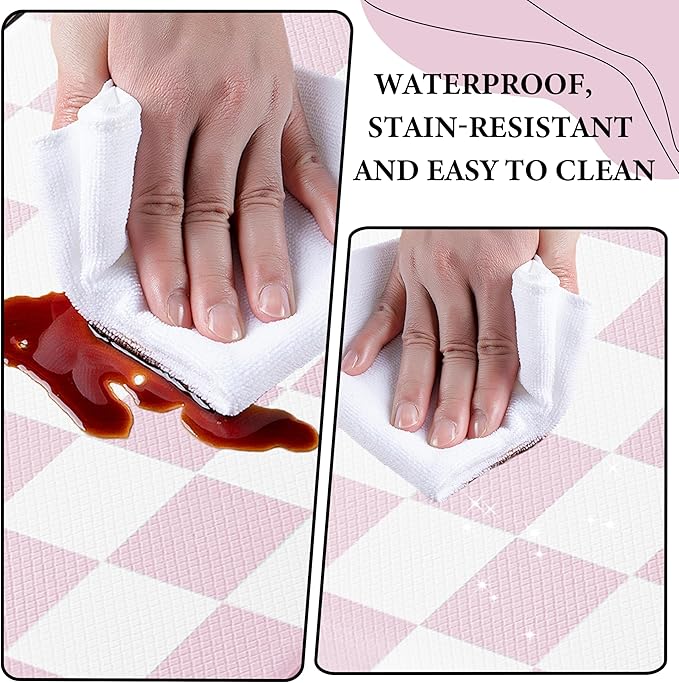 Pink Checkered Grid Checkerboard Kitchen Rug Sets [2 PCs], Anti-Fatigue, Waterproof Non-Slip Kitchen Mats Heavy Duty Ergonomic Comfort Foam Rug for Floor, Home, Laundry,Easter 17"x29"+17"x47"