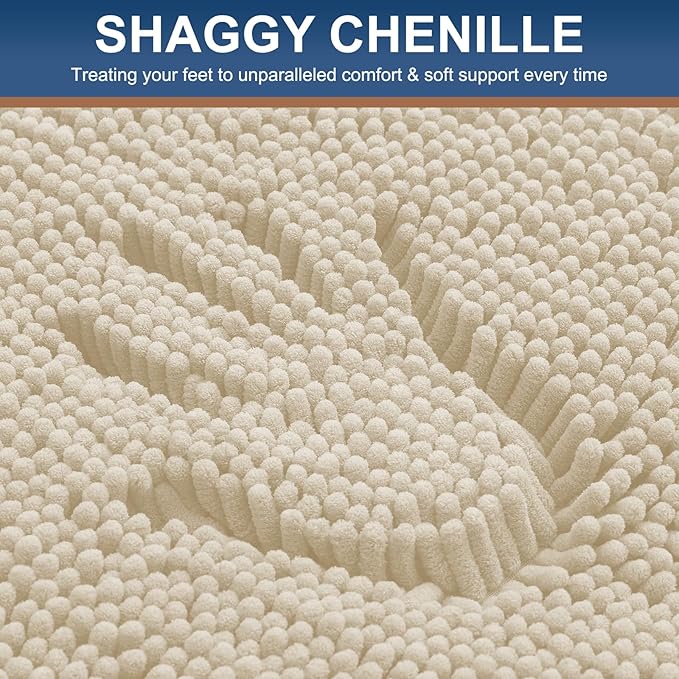 Smiry Luxury Chenille Bathroom Rugs 24x16, Extra Soft and Absorbent Shaggy Bath Mat, Machine Washable, Non-Slip Plush Carpet Runner for Tub, Shower, and Floor, Home Decor Accessories, Sand