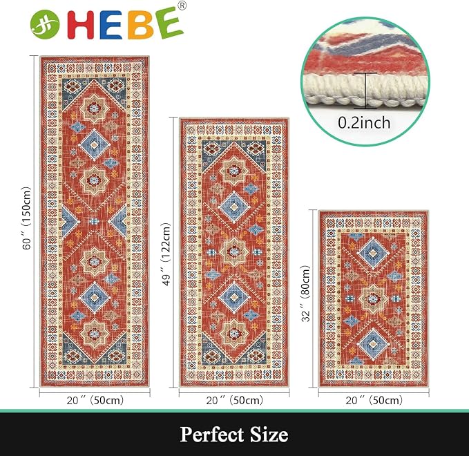 HEBE Boho Kitchen Rug Sets 3 Piece with Runner Non Slip Kitchen Rugs and Mats Washable Kitchen Mats for Floor Thick Kitchen Floor Mat Carpet Runner Rugs for Hallway Laundry Holiday Decor