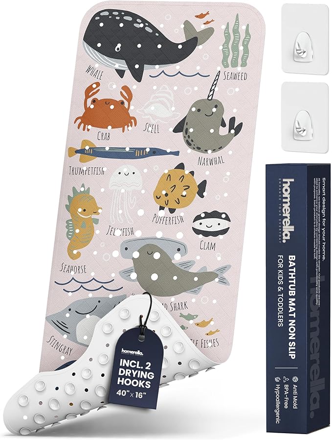 Bath Tub Mat Non Slip Anti Mold for Kids BPA Free INCL Hooks - homerella® Ocean Sea Animals 40x16, Baby Bath Mat Non Slip 200 Suction Cups, Non Toxic Machine Washable Toddler Bath Mat, EU Certified