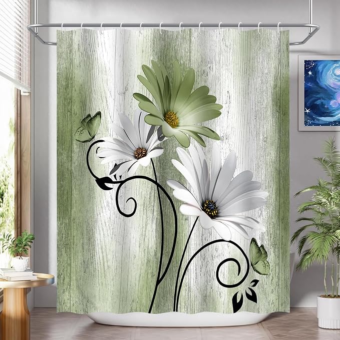 Onalasyc 4PCS Grass Green Daisy Flowers Butterfly Shower Curtain Set with Shower Curtain and Carpet and Accessories, Waterproof Bathroom Shower Curtain Decorative Set with 12 pcs Hooks,71 x 71in