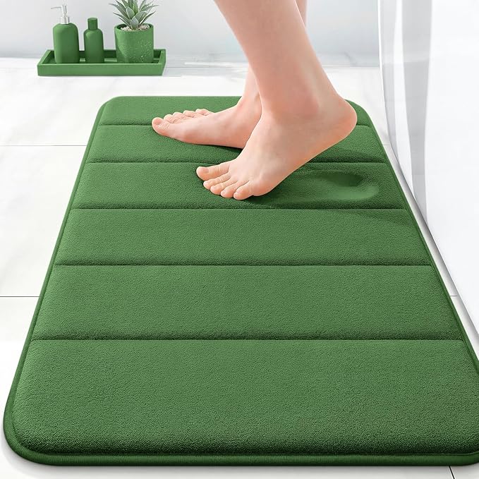 OLANLY Memory Foam Bath Mat 35x16, Super Soft Absorbent Bathroom Rugs, Quick Dry, Machine Washable Shower Floor Rugs, Bathmat Carpet, Bathroom Home Decor Accessories, Olive Green