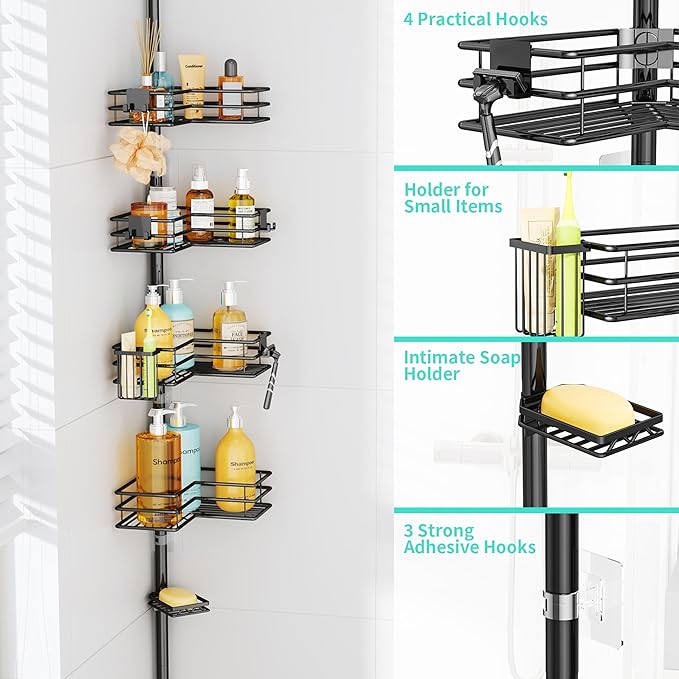 HapiRm Corner Shower Caddy Organizer - Shower Organizer Corner with Soap Holder, Toothbrush Holder and 4 Hooks, Rustproof Bathroom Shelf Tension Pole Available for 27.6 to 108.3 Inch - Black