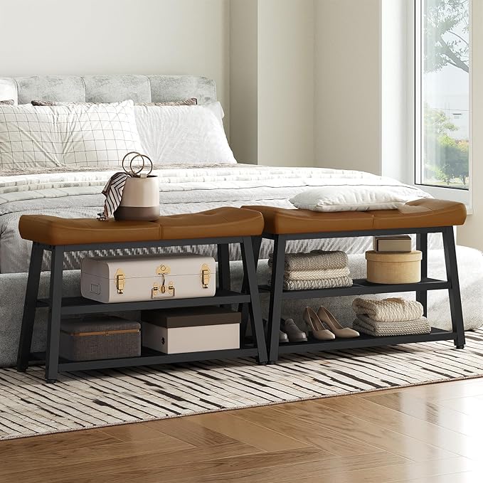YATINEY Shoe Bench, 3-Tier Shoe Rack, Entryway Bench with Storage and Cushion, for Hallway, Foyer, Bedroom, Brown and Black HX02BV