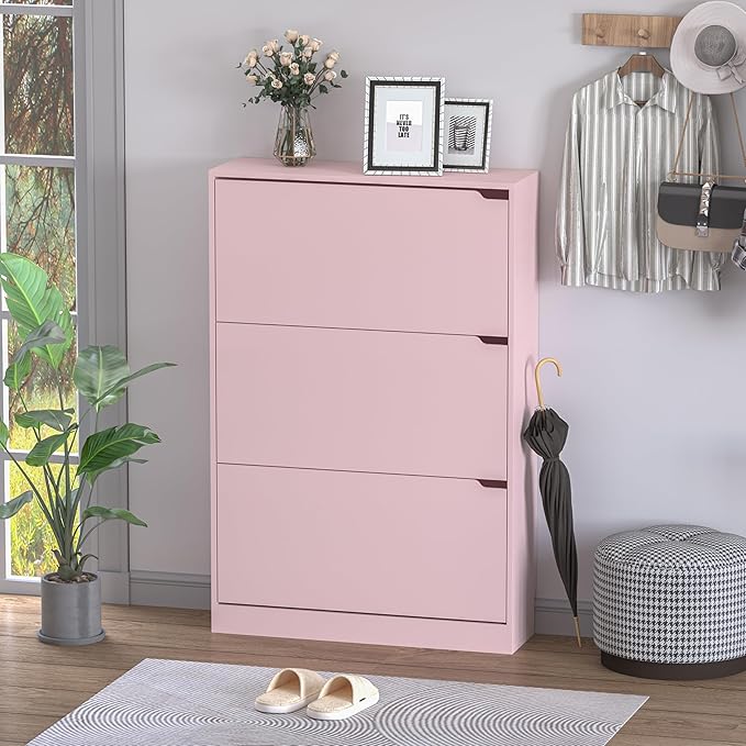 BORNOON Shoe Cabinet with 3 Flip Drawers, Hidden Wood Shoe Cabinet,Freestanding Shoe Storage Cabinet for Entryway Hallway.White. 47.2" H*31.5" W*9.45" D (Pink)