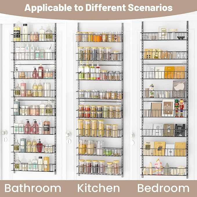 ElegantArray 8-Tier Pantry Door Oragnizer, Over The Door Pantry Organizer Rack and Storage, Hanging Spice Rack Shelves Door, Home Office Laundry Room Bathroom & Kitchen Organization, Deep Gray
