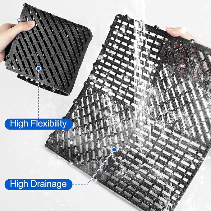ToLanbbt Modular Interlocking Cushion 12P 11.8" x 11.8" Interlocking Rubber Floor Drain Holes Non-Slip Splicing Drainage Mats for Deck, Shower, Kitchen, Drain Pool, Sauna Bath (Black, 1 Rows Dots)