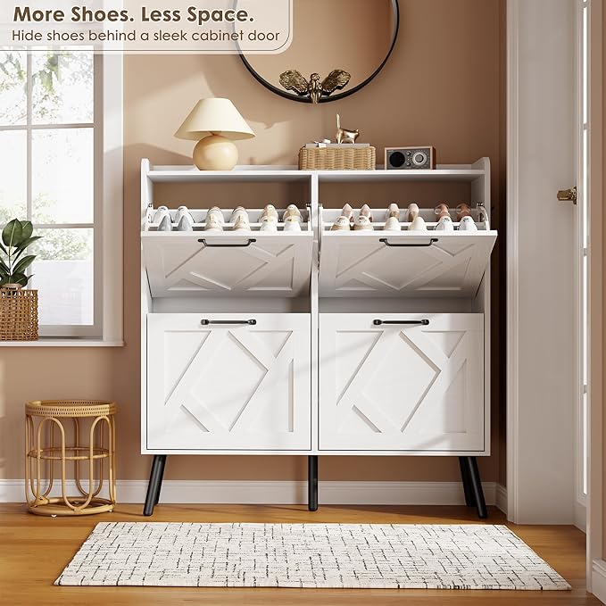 Nicetree Shoe Cabinet with 4 Flip Drawers, Freestanding Shoe Organizer Cabinet with Metal Legs, Farmhouse Slim Shoe Rack Cabinet for Entryway, Foyer, Hallway, White