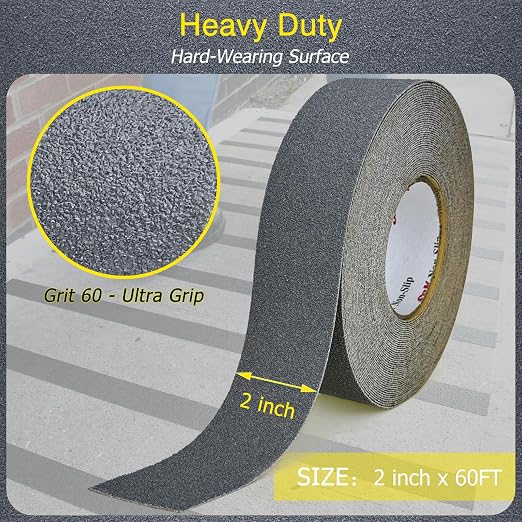 S&X Gray Anti Slip Tape 2 Inch x 60 FT Roll, Grit 60 Ultimate Non-Slip Skid Grip Tape for Outdoor Stairs, Wooden Steps & Exterior Grips Waterproof, Extra-Durable, Long-Lasting