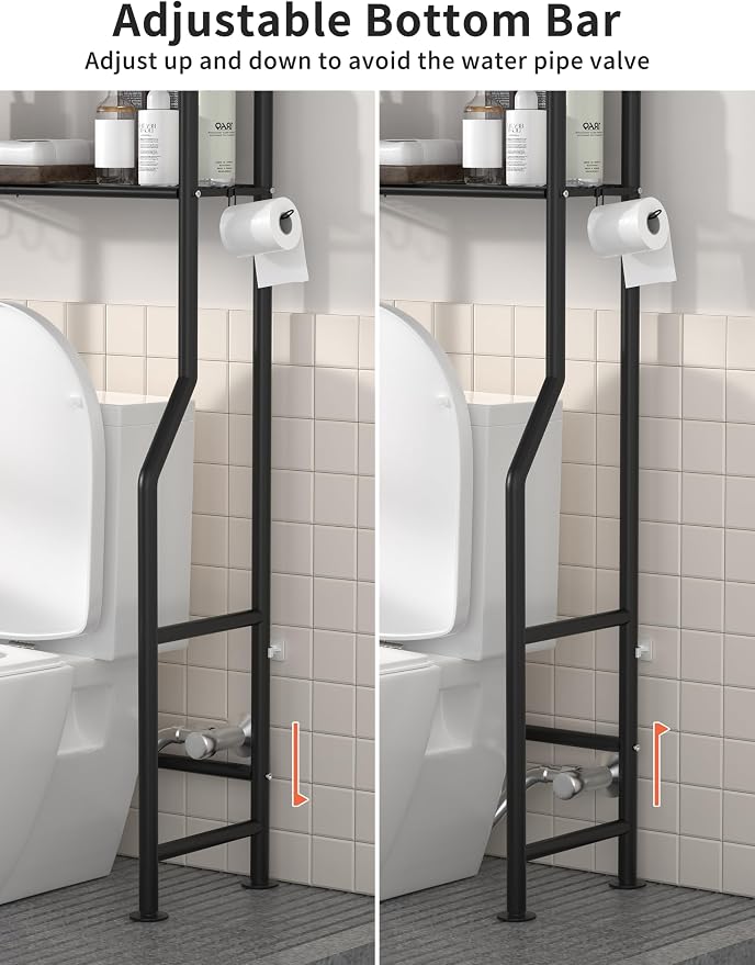 Livilord 3-Tier Over The Toilet Storage, Freestanding Metal Bathroom Shelves with 4 Hooks, Over Toilet Storage Shelf with Paper Holder, Above The Toilet Shelf for Bathroom Storage, Black