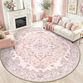RELEANY Area Rugs Round 8ft Washable Non-Slip, Floral Vintage Distress Medallion Carpet for Living Room Bedroom Dining Room, Pink Greypink Cute