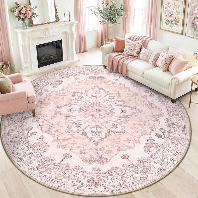RELEANY Area Rugs Round 8ft Washable Non-Slip, Floral Vintage Distress Medallion Carpet for Living Room Bedroom Dining Room, Pink Greypink Cute