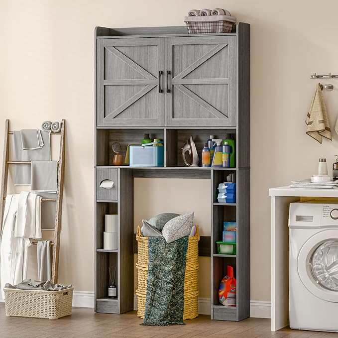 Over The Toilet Storage Cabinet, Farmhouse Toilet Cabinet Rack with Barn Doors, Space Saving Bathroom Organizer with Shelves, Toilet Paper Holder and Towel Rack for Bathroom,Restroom,Laundry,Wash Grey