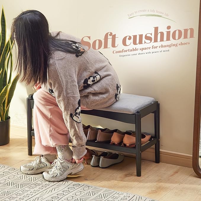 STDDRE Shoe Bench Entryway Bamboo 2-Tier Shoe Rack with Cushion Padded Seat Shoe Bench Organizer Stable for Hallway, Living Room, Bedroom(31.5 * 11.4 * 16.5IN, Black-Gray)