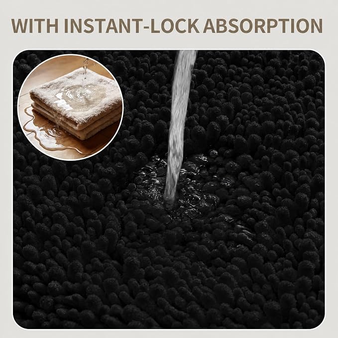 Bathroom Rugs Non Slip Washable 36x24, Extra Thick Soft Chenille Absorbent Bath Mat, High Density Barrier Non Slip Backing, Quick Dry Plush Shaggy Floor Carpet for Tub&Shower, Black