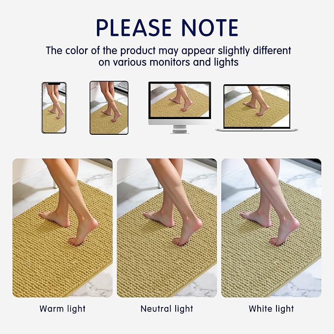 SUBRTEX Bathroom Rugs Chenille Bath Rug, Soft Short Plush Bath Mat, Water Absorbent Shower Mat, Quick Dry Machine Washable(Yellow, 24" x 36")
