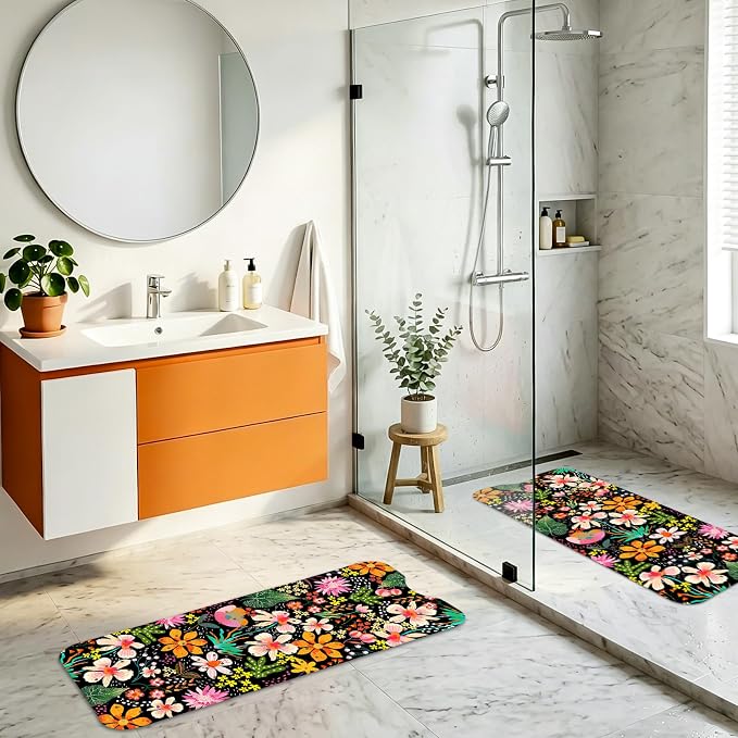 Bath Mat for Tub Non Slip, Floral Aesthetic Bathtub Mats for Girls Non Slip Shower Mat， Machine Washable 40"x16" Flower Tub Mats with Suction Cups and Drain Holes for Women Tropical Bathroom Decor