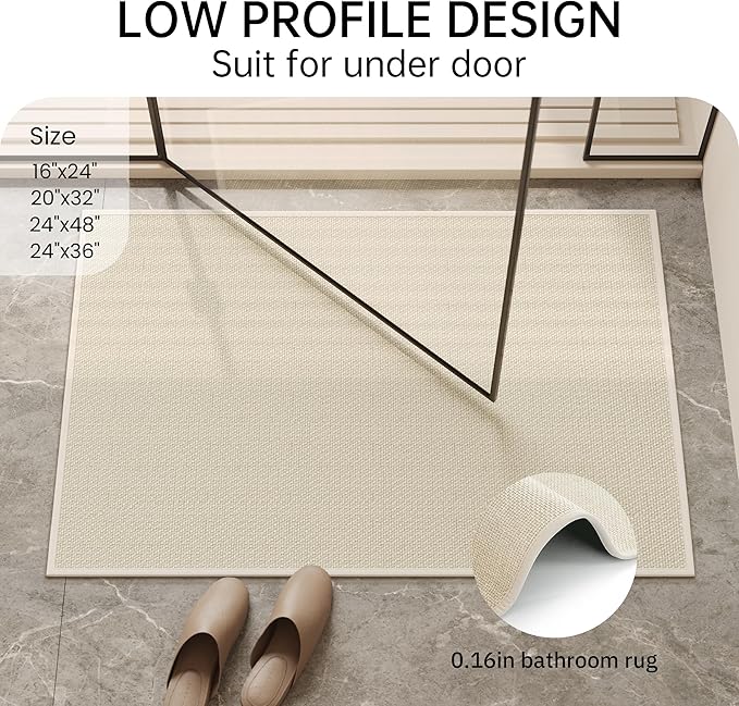 Mecko Bath Mat, Ultra Absorbent Quick Dry Bathroom Floor Mats-Upgraded Thin Cozy Cloth Bathroom Mat Fit Under Door, Rubber Non-Slip Bathroom Rug for Bathtub, Sink, Shower Room(Oatmeal,24"x36")