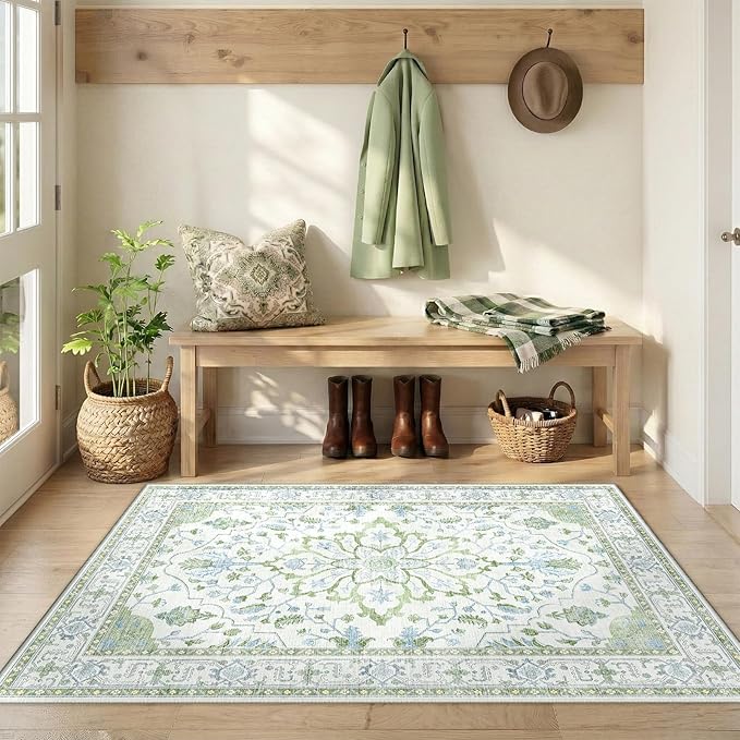 RELEANY Area Rugs 3'x5' Washable Non-Slip, Floral Vintage Distress Medallion Carpet for Living Room Bedroom Dining Room, Green White Blue