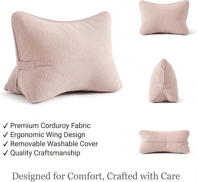 Pat. Pend. Corduroy Back Support Pillow for Sitting, Ideal for Expecting Moms, Low Back Cushion for Bed Sitting, Reading & Relaxing, Ergonomic Triangle Backrest, Washable Cover, Pink